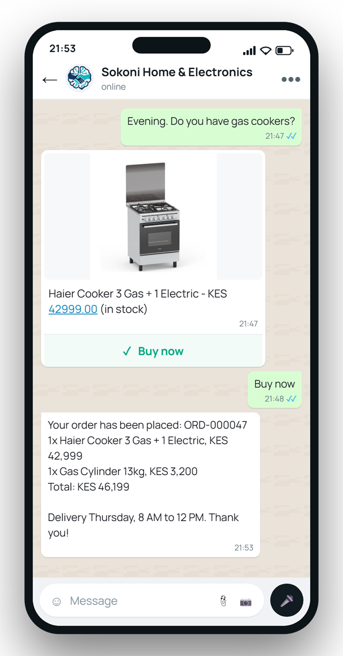 A WhatsApp chat where a customer asks for a gas cooker, the AI sends a product card with the photo and price, and the order is placed