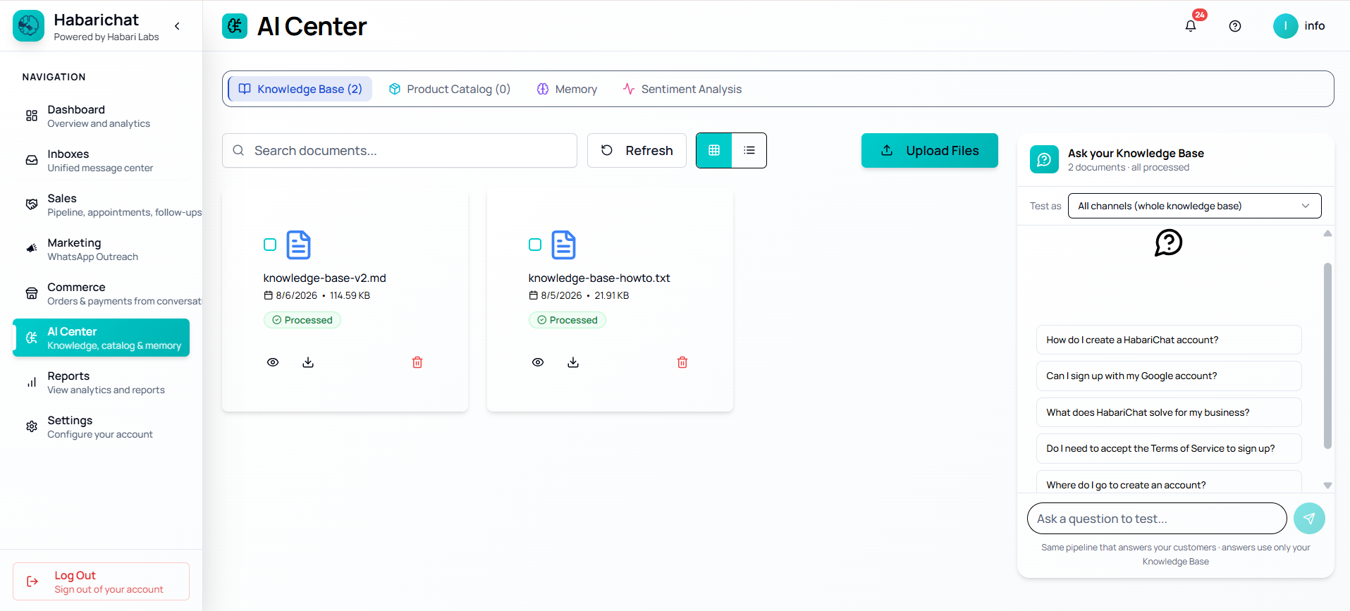 The AI Center in HabariChat on the Knowledge Base tab, showing uploaded documents as cards marked Processed, the Upload Files button, and the Ask your Knowledge Base test panel on the right