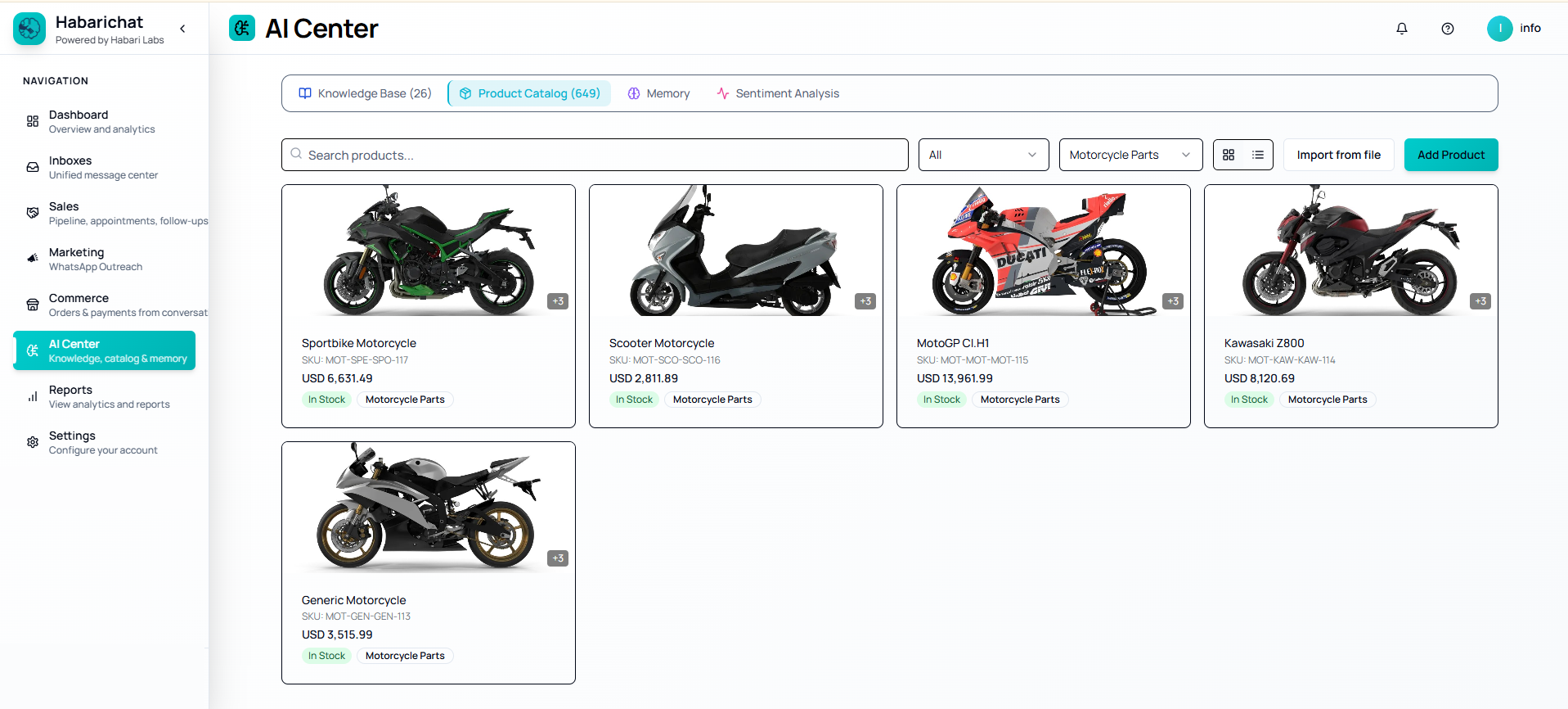 The Product Catalog tab in the HabariChat AI Center, showing product cards with photo, name, SKU, price, In Stock badge and category, beside the Import from file and Add Product buttons