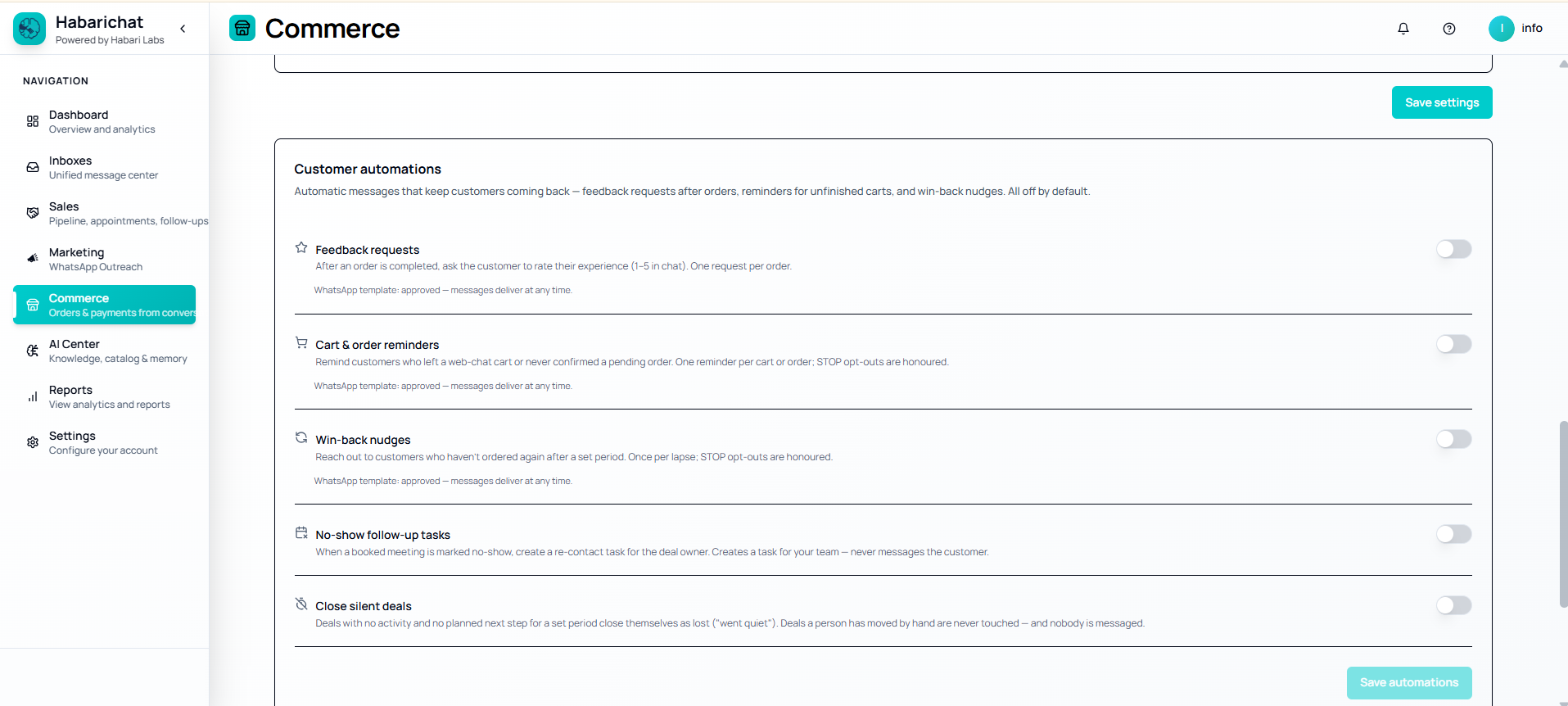 The customer automations panel in HabariChat Commerce, listing feedback requests, cart and order reminders, win-back nudges, no-show follow-up tasks and close silent deals, each with a toggle switch, all switched off