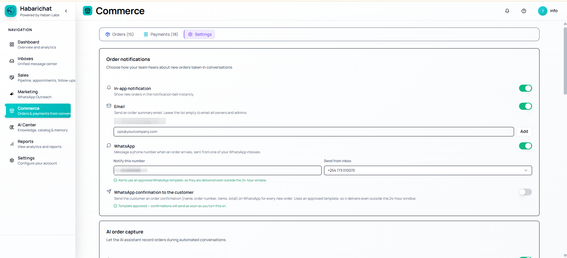 Order notification settings in HabariChat Commerce, with toggles for in-app notification, email to a list of addresses, WhatsApp alerts to a chosen number sent from a chosen inbox, and WhatsApp order confirmation to the customer