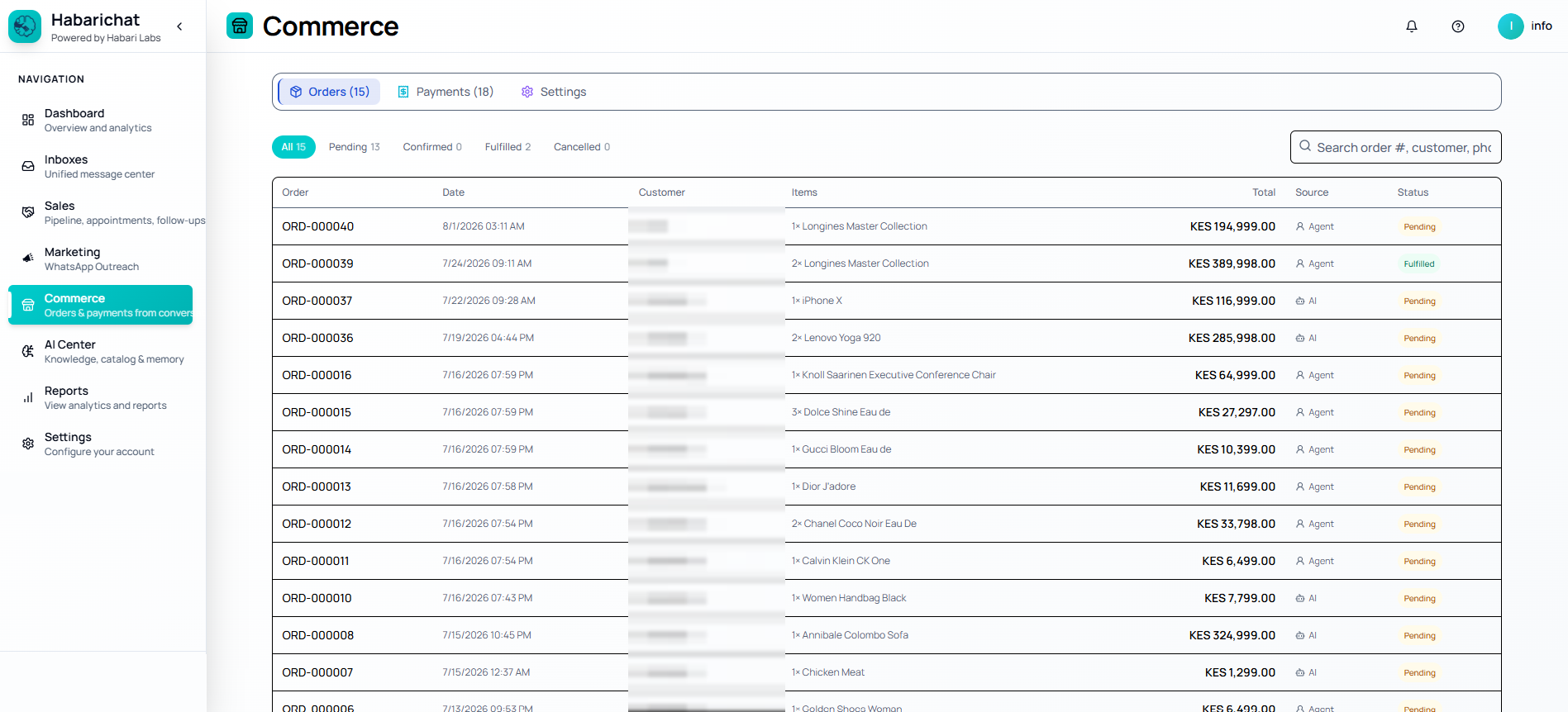 The Orders tab in HabariChat Commerce, showing a table of orders with order number, date, customer, items, total in Kenyan shillings, source of AI or Agent, and a Pending or Fulfilled status, with filters for All, Pending, Confirmed, Fulfilled and Cancelled