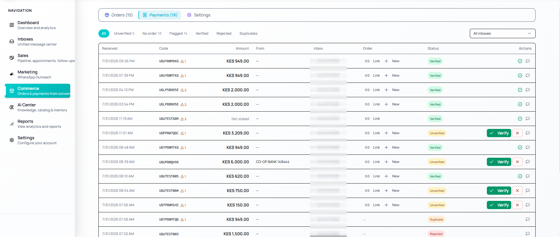 The Payments tab in HabariChat Commerce, listing received payments with their transaction code, amount, sender, inbox, a Link or New order action, and a status of Verified, Unverified, Duplicate or Rejected, with Verify buttons on the unverified rows