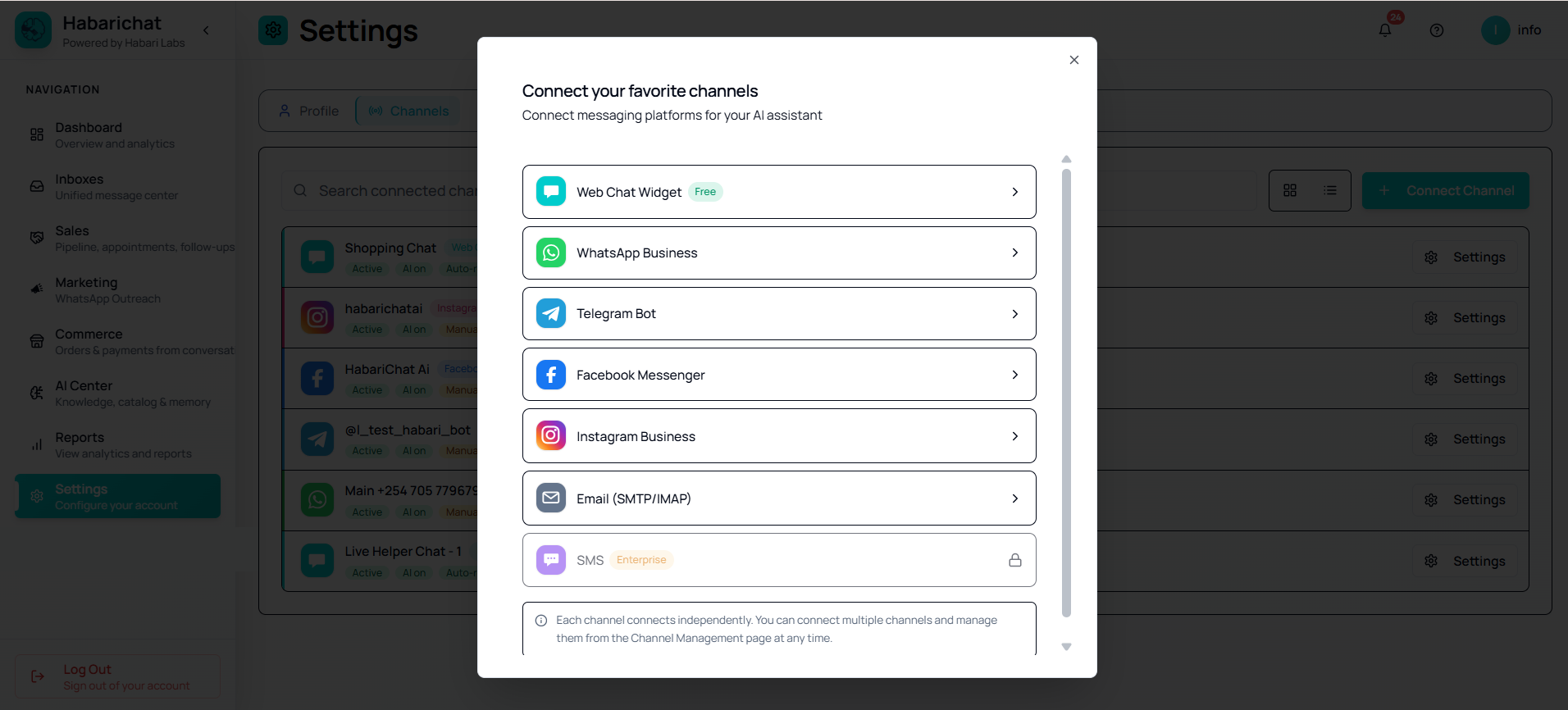The Connect your favorite channels panel in HabariChat listing Web Chat Widget, WhatsApp Business, Telegram Bot, Facebook Messenger, Instagram Business and Email as connectable platforms