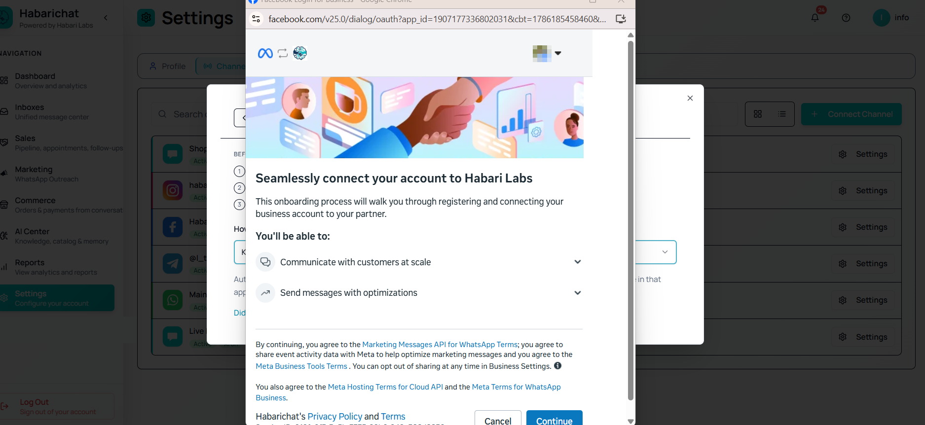 Meta's Facebook Login for Business window opening over HabariChat, explaining that the onboarding process will register and connect the business account to Habari Labs as its partner