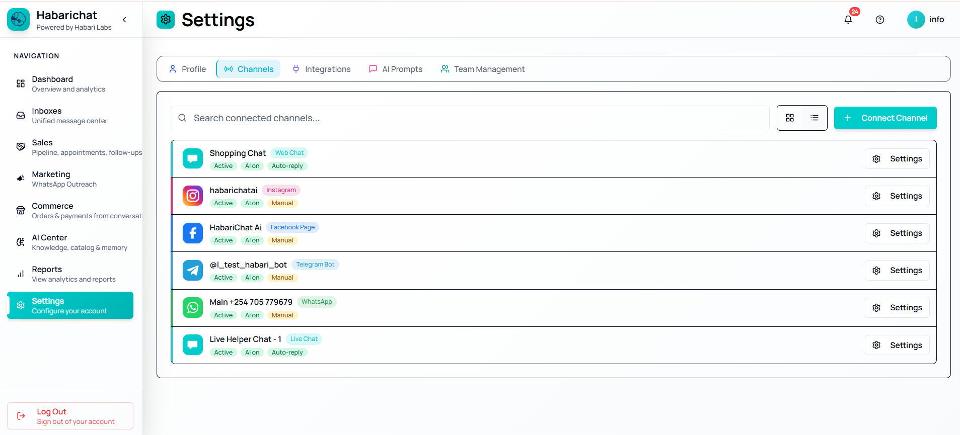 The Channels tab under Settings in HabariChat, listing connected channels such as Web Chat, Instagram, Facebook Page, Telegram Bot and WhatsApp with their Active and AI on badges, beside the Connect Channel button