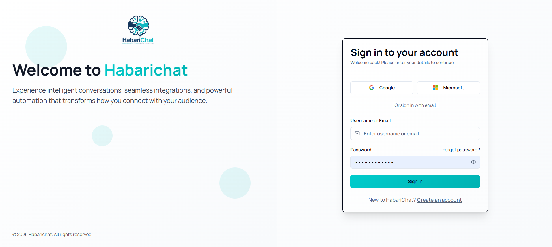 The HabariChat sign-in screen with Google and Microsoft buttons above a username and password form, and a Create an account link for new users