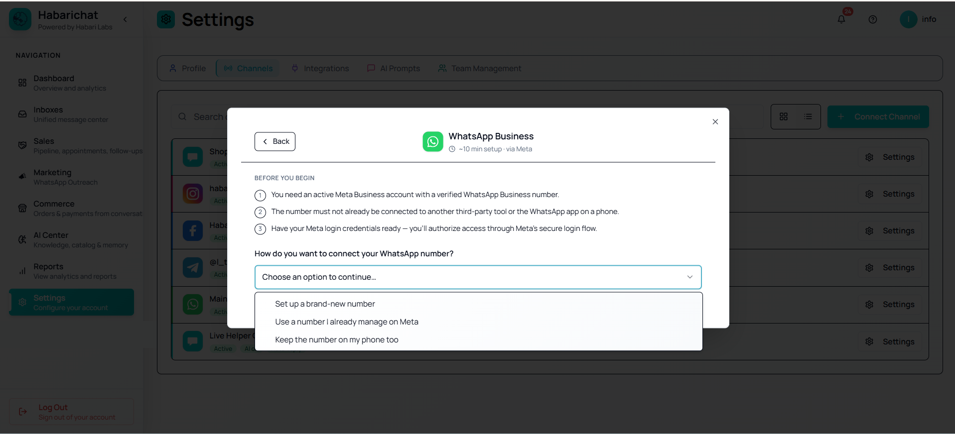 The WhatsApp Business setup step in HabariChat with the connection dropdown open, showing the three choices: set up a brand-new number, use a number I already manage on Meta, and keep the number on my phone too