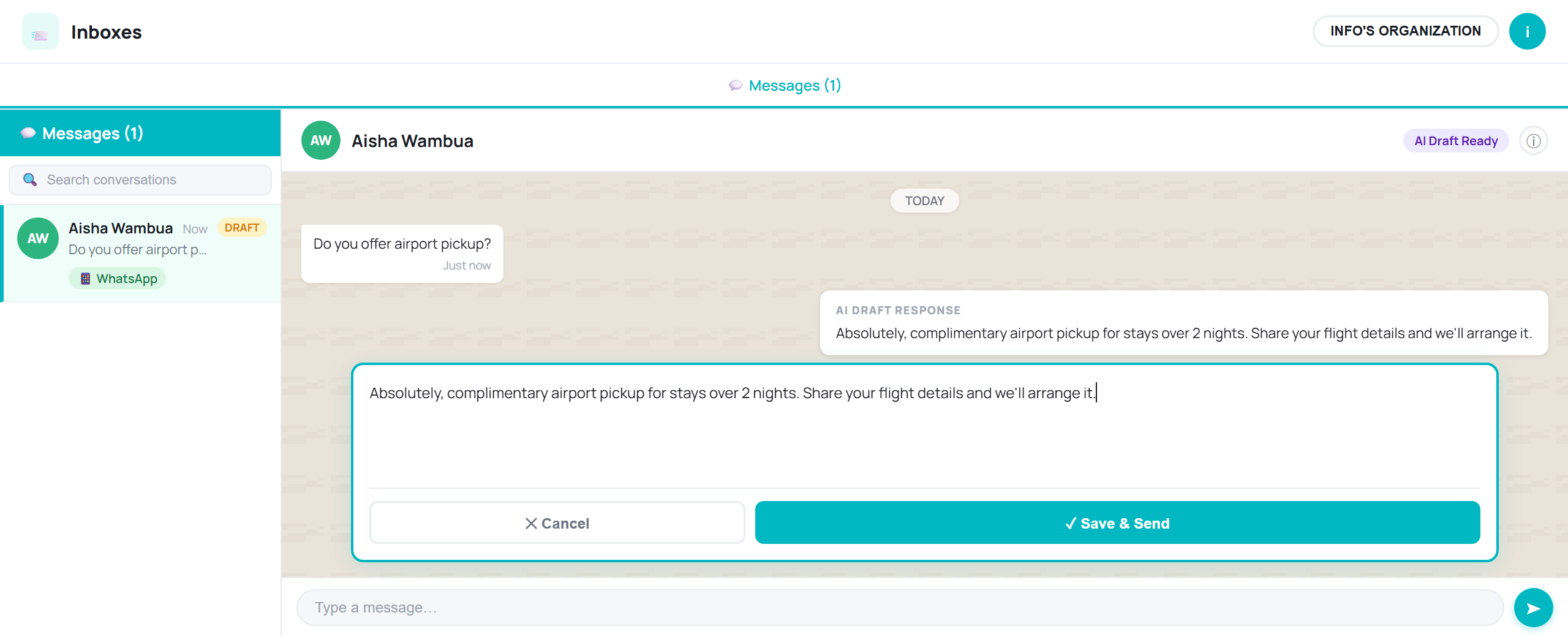 The HabariChat draft editor open over a conversation, showing the AI's suggested reply in an editable text box with Cancel and Save and Send buttons