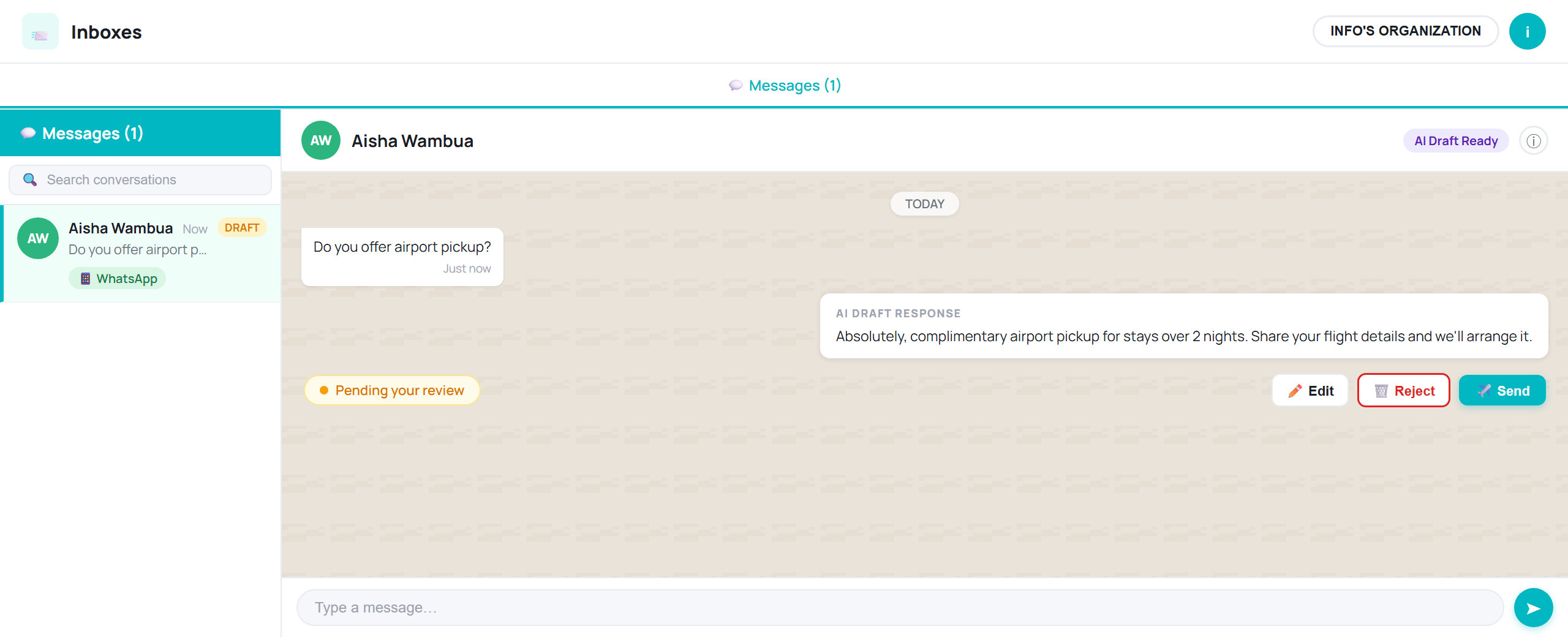 A HabariChat inbox conversation where the AI has prepared a draft reply marked AI Draft Response, with a Pending your review badge and Edit, Reject and Send buttons