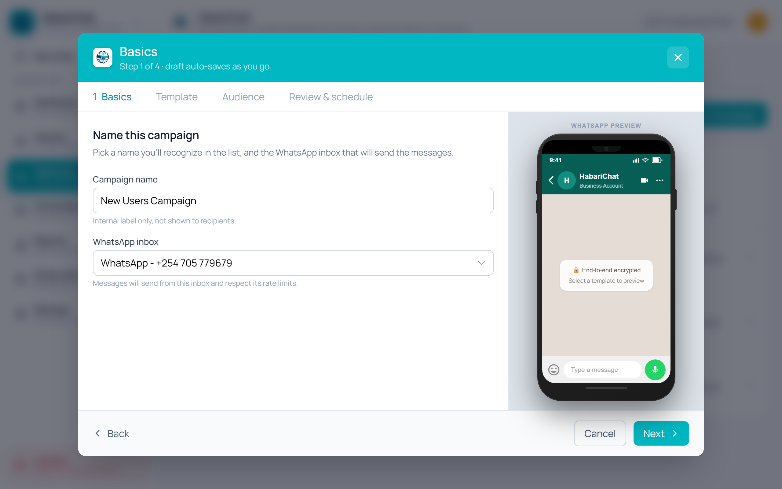 Step 1 of the HabariChat campaign wizard, Basics, showing the campaign name field and a WhatsApp inbox dropdown for choosing which connected number sends the messages