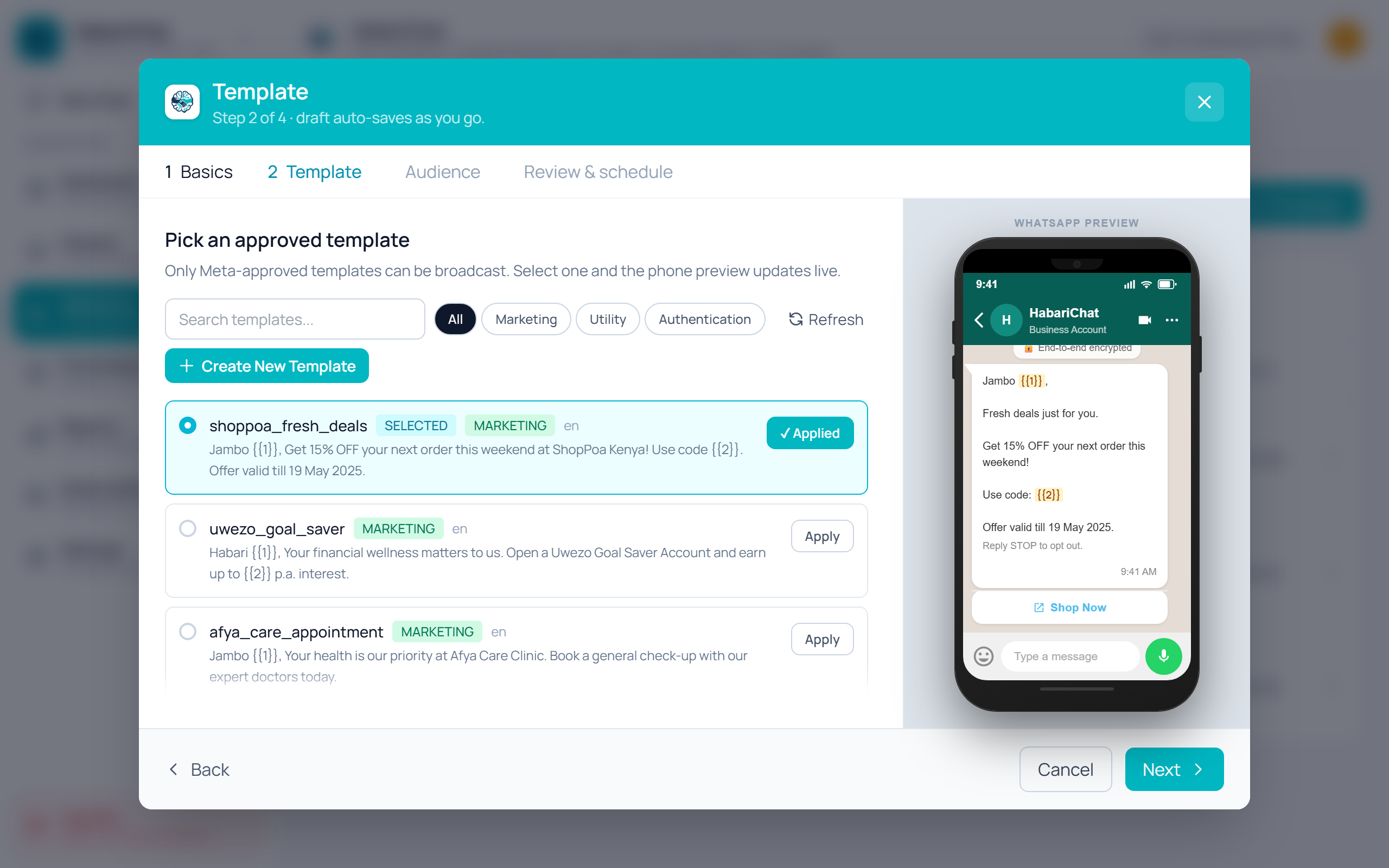 The HabariChat campaign template picker showing approved WhatsApp templates each tagged with a category such as MARKETING, beside a live WhatsApp preview of the selected template