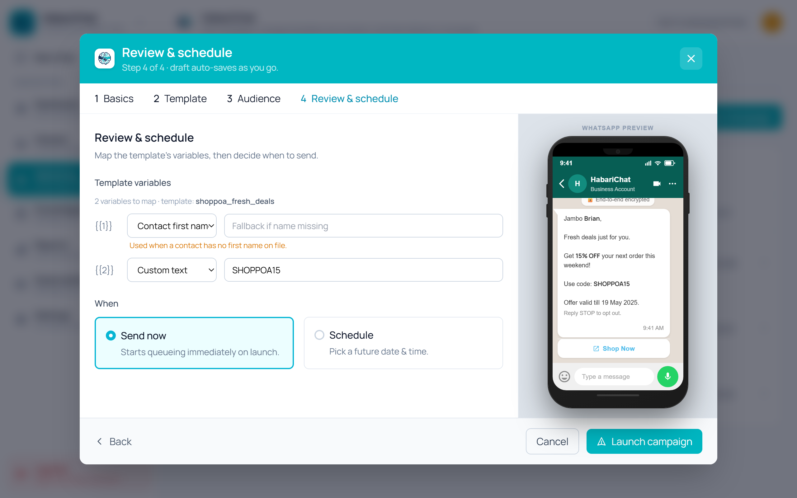 The HabariChat campaign review step showing template variables mapped to a contact field and a custom value with a fallback option, beside a live WhatsApp preview with the variables filled in