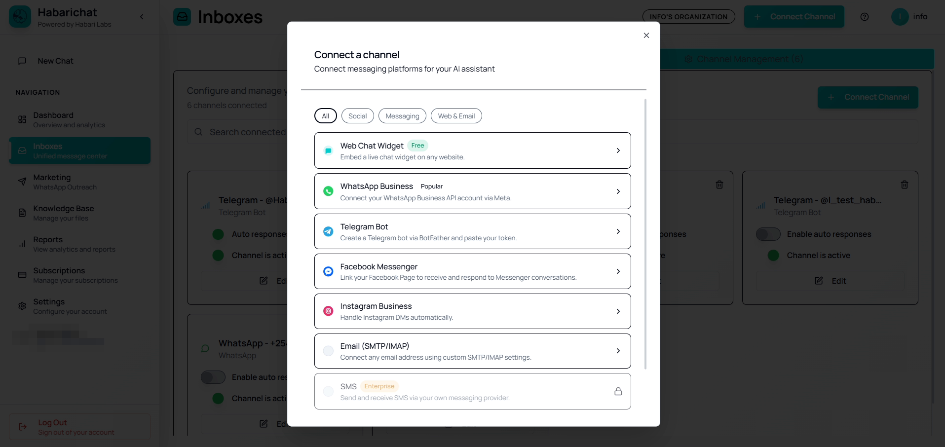 The Connect a channel dialog in HabariChat listing Web Chat Widget, WhatsApp Business, Telegram Bot, Facebook Messenger, Instagram Business, Email (SMTP/IMAP) and SMS as connectable platforms