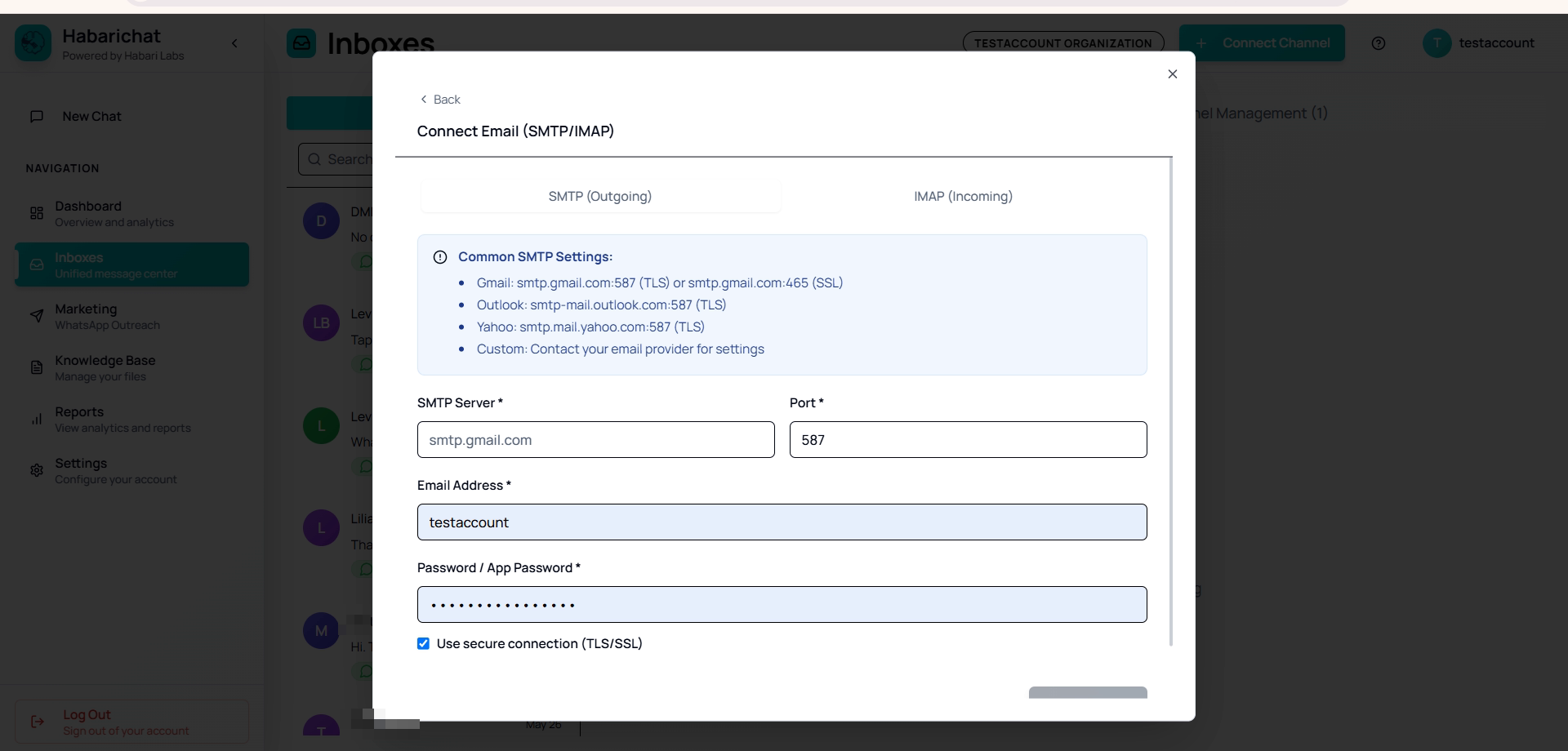 The Connect Email form in HabariChat showing the SMTP (Outgoing) and IMAP (Incoming) tabs, common provider settings, and fields for server, port, email address, password and a Use secure connection toggle