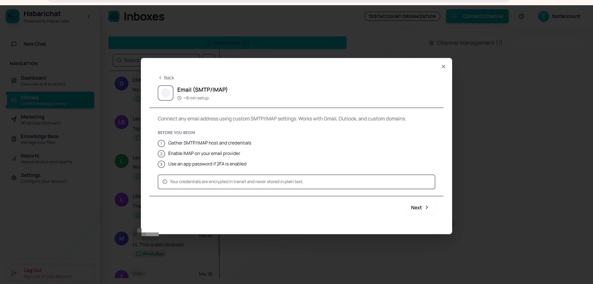 The Email (SMTP/IMAP) connect dialog in HabariChat, listing what to gather before connecting any email address using custom SMTP/IMAP settings