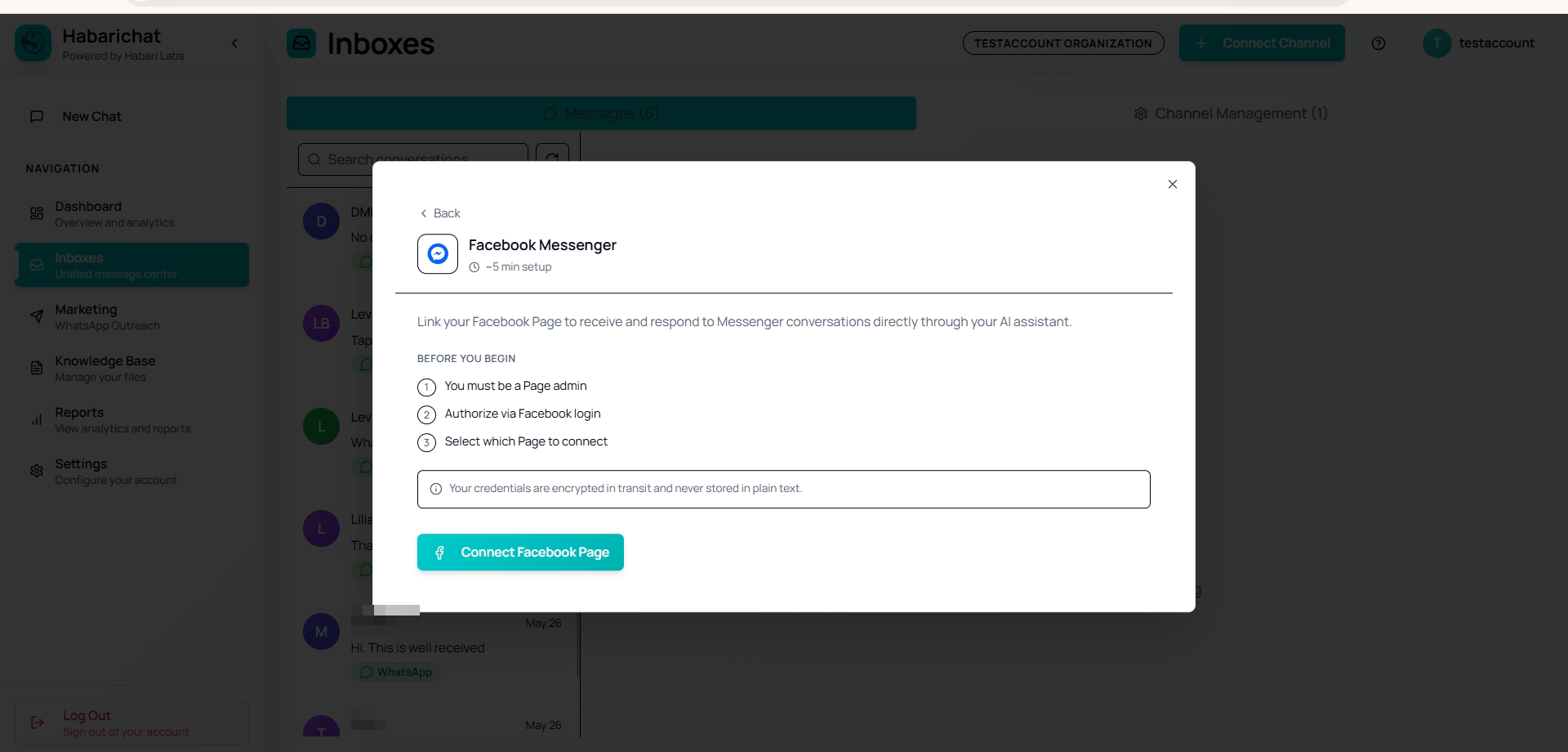 The Facebook Messenger connect dialog in HabariChat, explaining that you must be a Page admin and authorise via Facebook login to link your Page