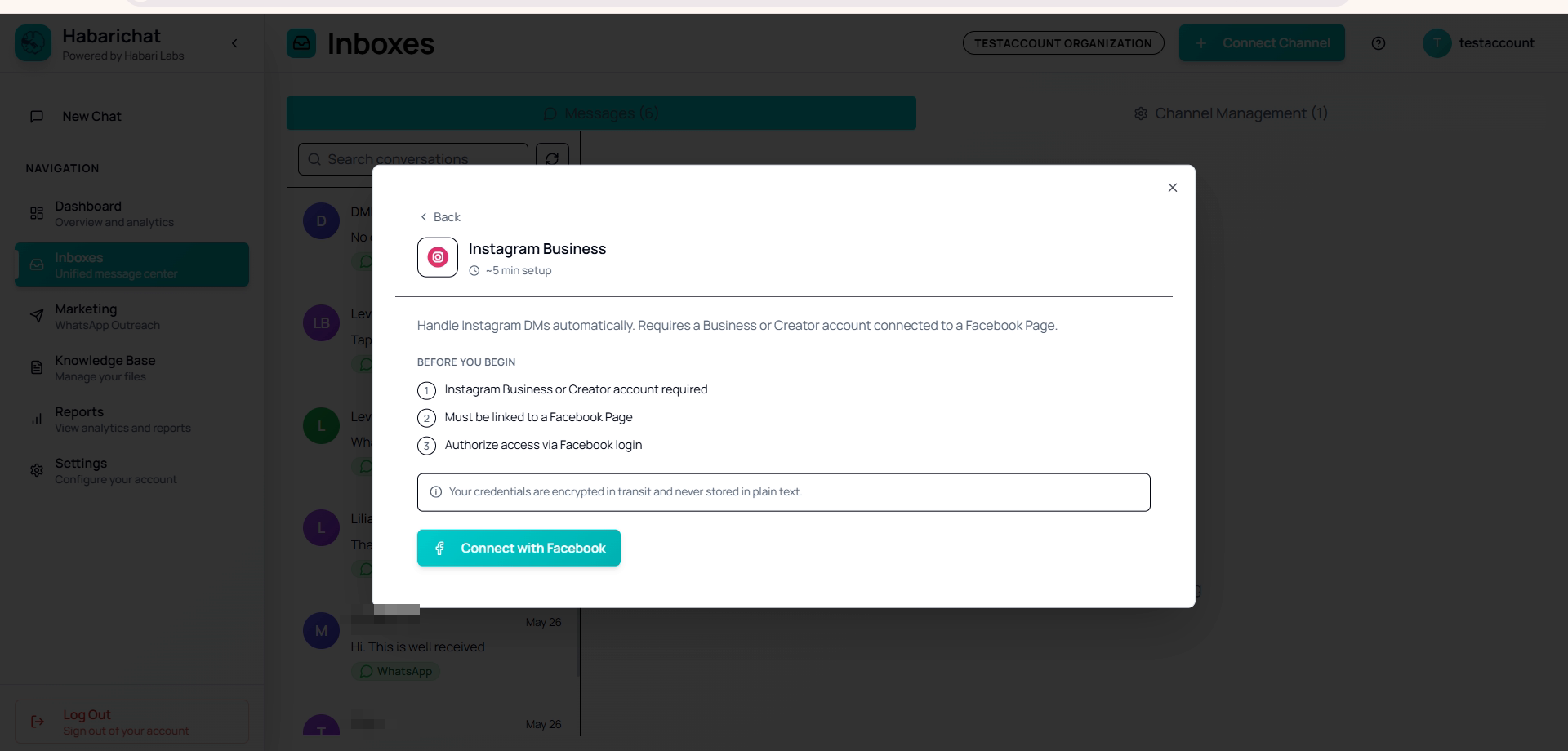 The Instagram Business connect dialog in HabariChat, noting that a Business or Creator account linked to a Facebook Page is required