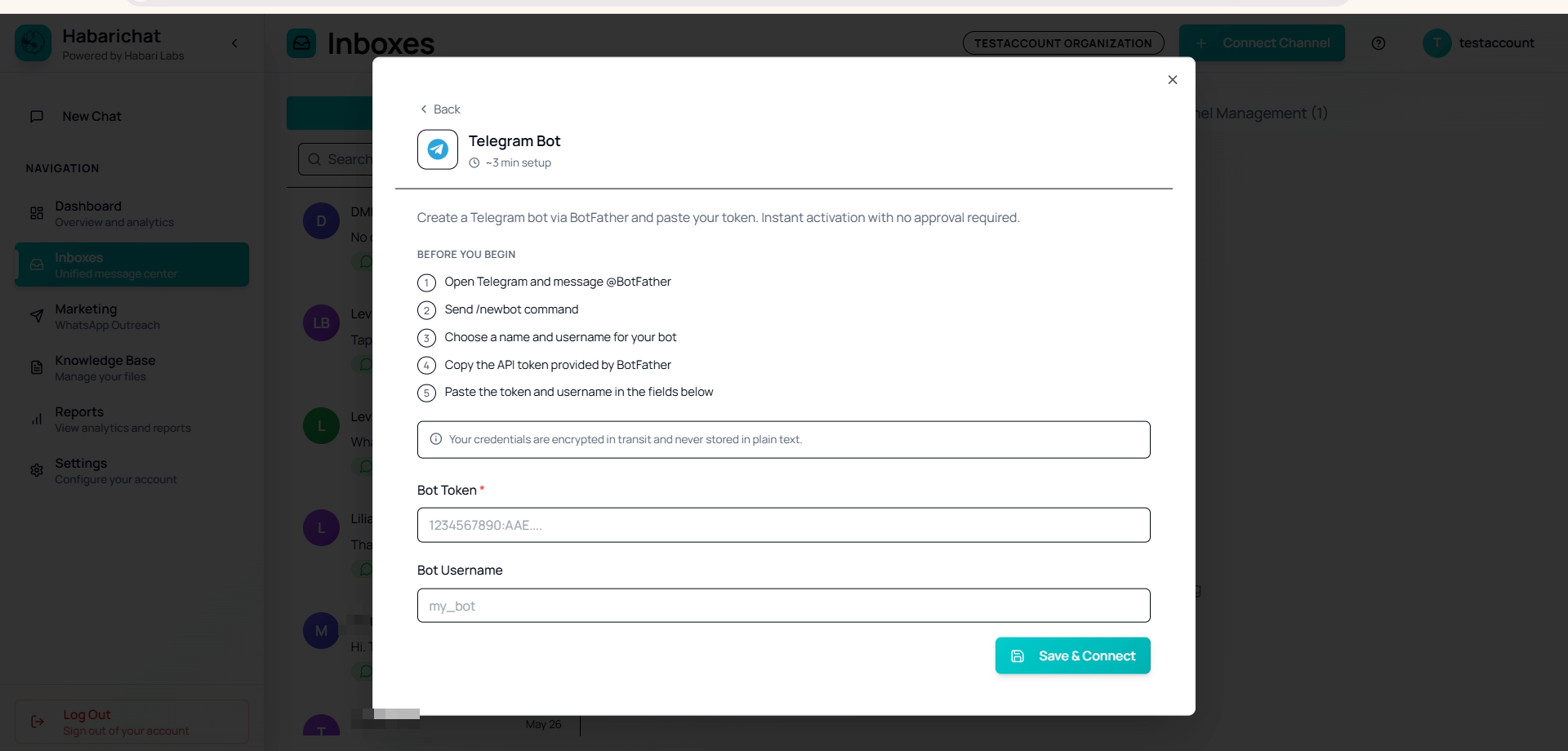 The Telegram Bot connect dialog in HabariChat, with steps to create a bot via BotFather and fields to paste the bot token and username