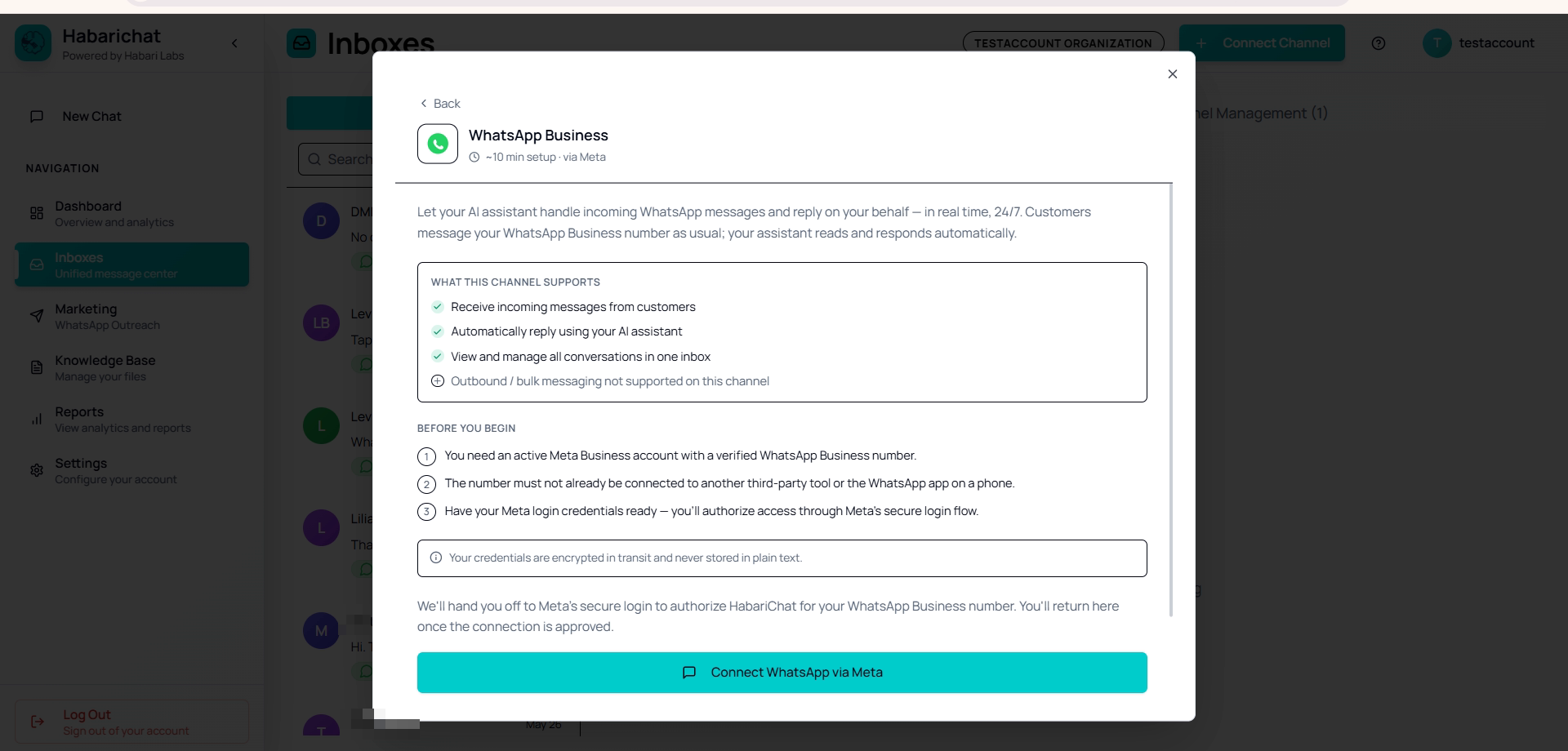 The WhatsApp Business connect dialog in HabariChat, listing what the channel supports and the prerequisites before authorising through Meta's secure login