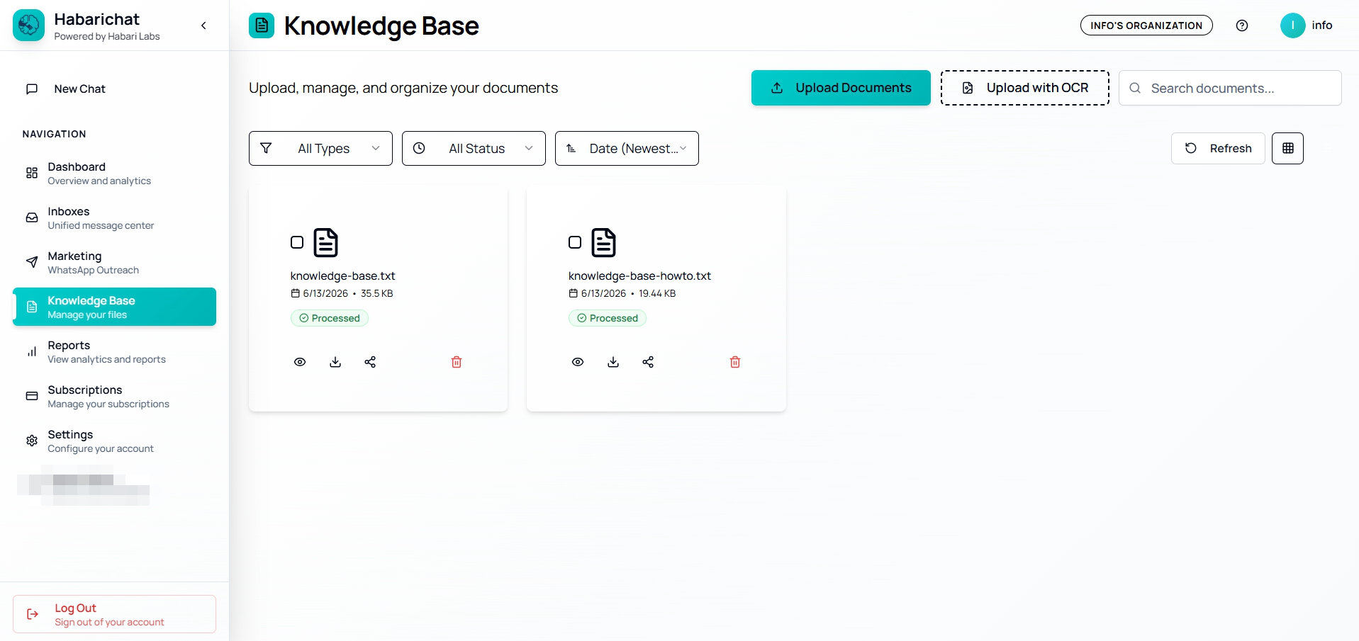 The HabariChat Knowledge Base screen showing uploaded documents as cards with a Processed status, plus Upload Documents, Upload with OCR, search, and type, status and date filters