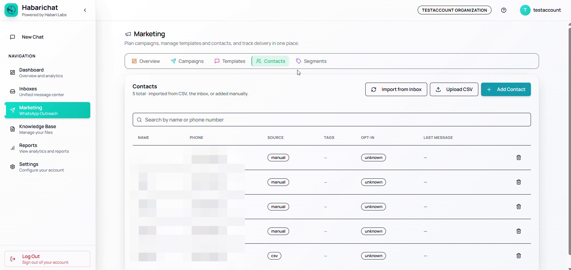 The Marketing section in HabariChat showing the Contacts tab with imported contacts, their source and opt-in status, and Import from inbox, Upload CSV and Add Contact buttons
