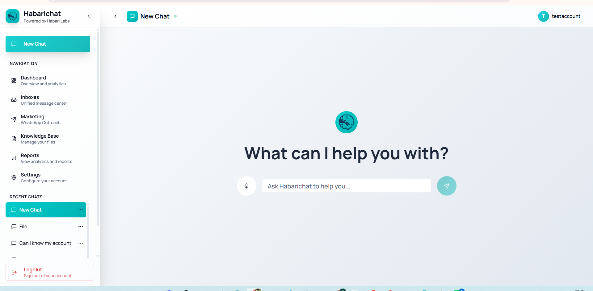 The HabariChat AI assistant New Chat screen with the prompt 'What can I help you with?' and a message box to ask the assistant