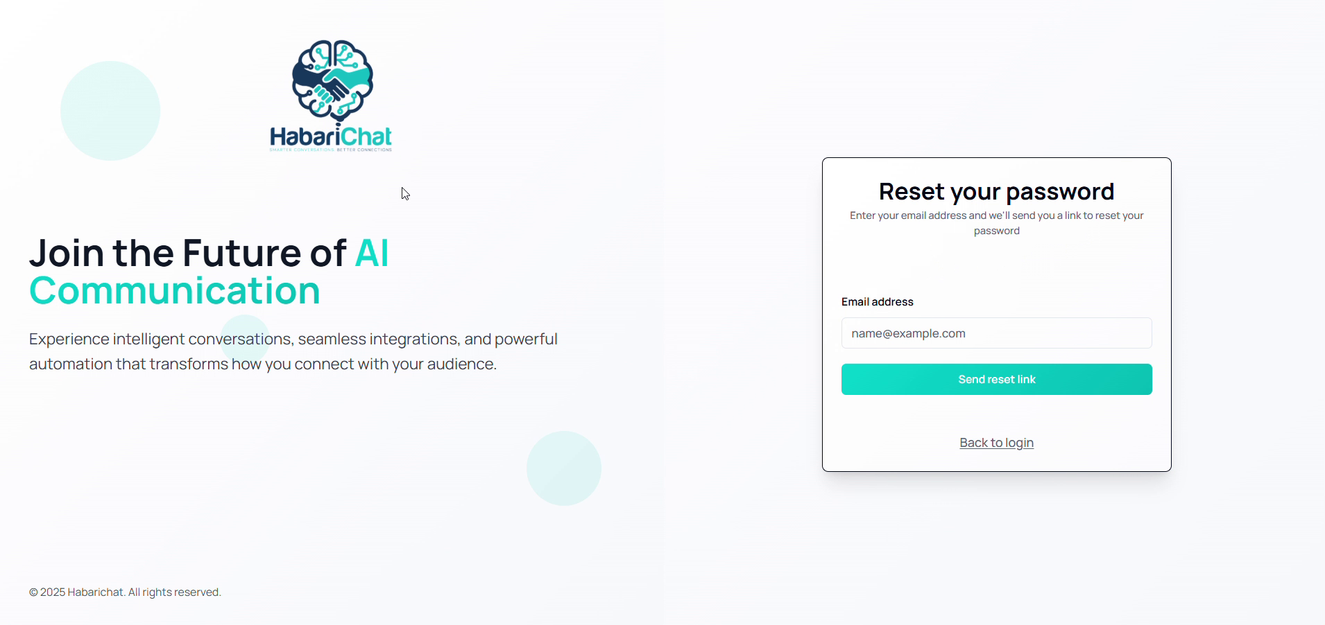 The HabariChat reset-password screen, enter your email address and click Send reset link to receive a password-reset email