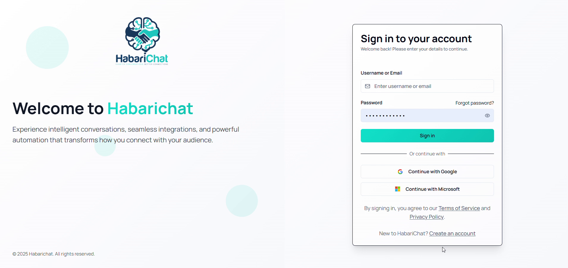 The HabariChat sign-in screen, enter username or email and password, with a Forgot password link and options to continue with Google or Microsoft