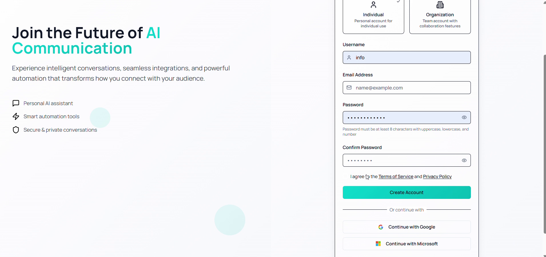 The HabariChat sign-up screen, create an account as an Individual or Organization, with username, email, password and confirm-password fields, or continue with Google or Microsoft