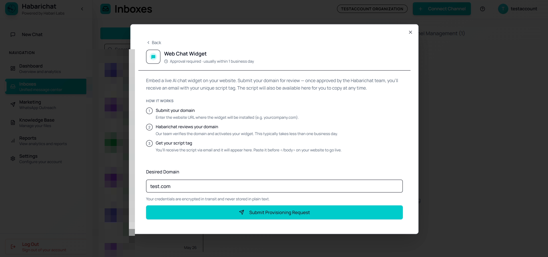 The Web Chat Widget provisioning dialog, submit your domain for review, then receive a unique script tag to paste before the closing body tag on your website